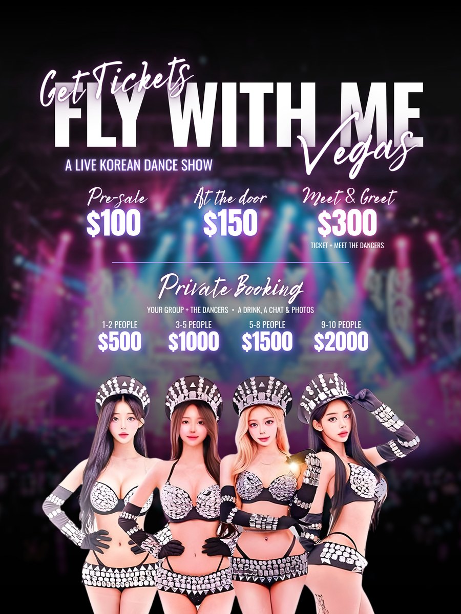Fly With Me Vegas tickets: pre-sale $100, at the door $150, meet and greet $300. Private booking: 1-2 people $500, 3-5 people $1000, 5-8 people $1500, 9-10 people $2000.